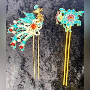 VTG 1 Pair Chinese Retro Style Dragon Flower Hairpins Clips Handmade Hair Stick.